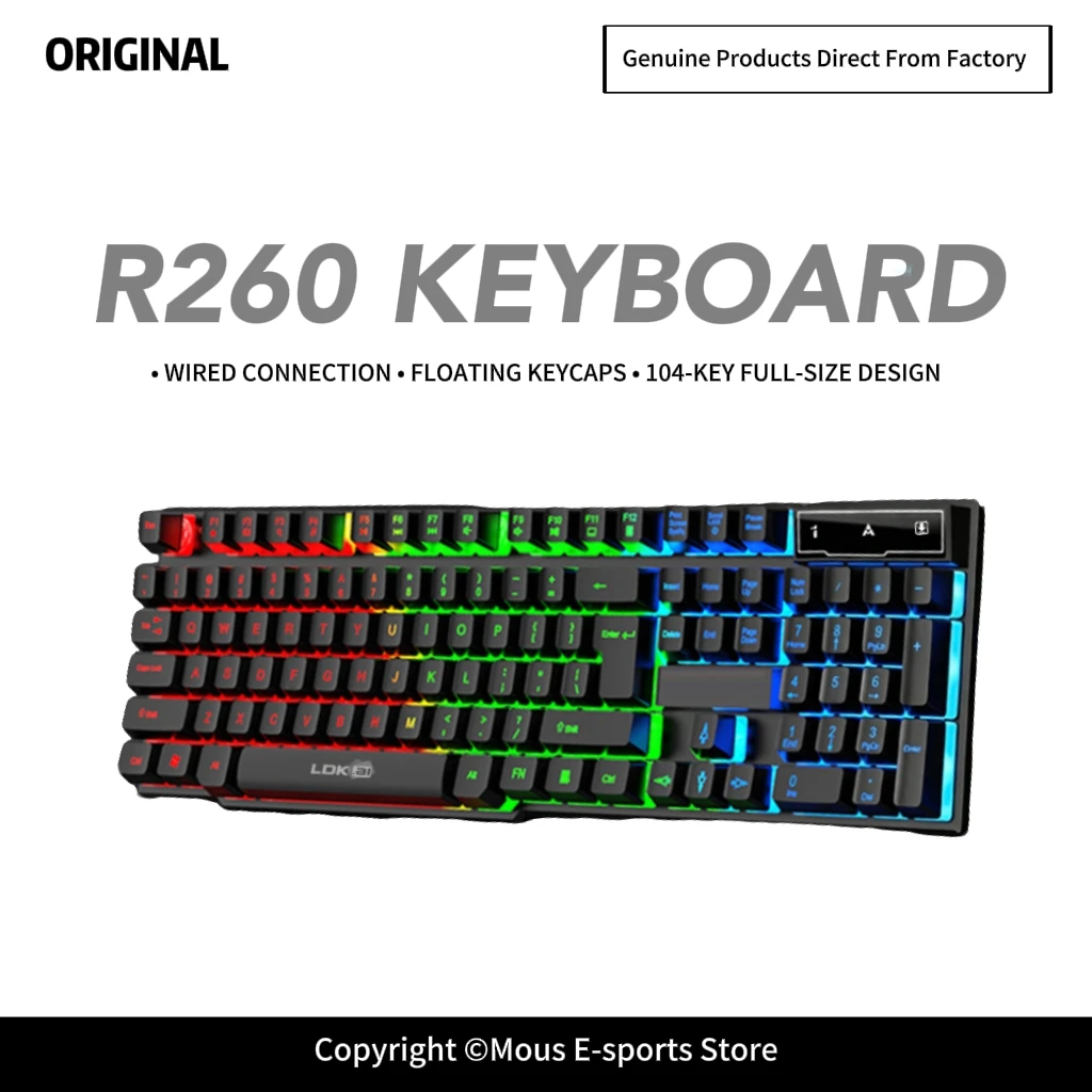 R260 Full-Size Wired Keyboard USB Interface 1.45m Cable Suspended Keycaps LED Backlit On/Off