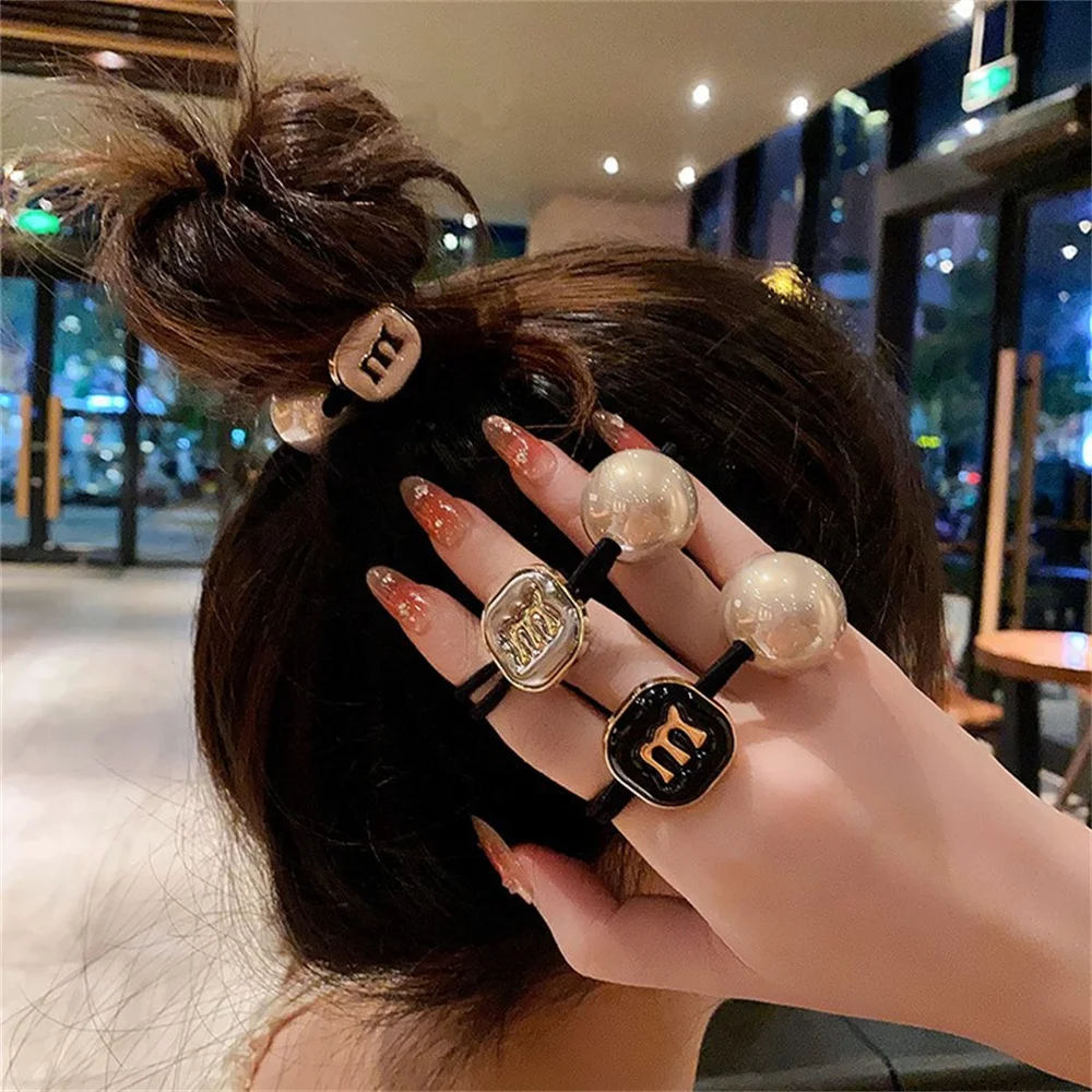 Fashion Metal Letter Hair Ropes with Pearl High Elastic Durable Ponytail Holder Hair Bands Women Girls Daily Hair Loop Headwear