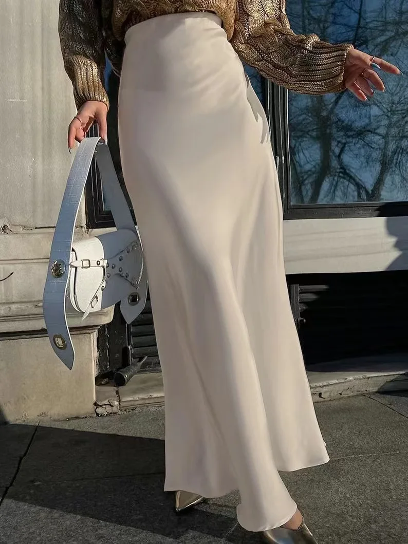 Ele hoge taille satijnen rok Faionable Midi rok Sexy Sle A-lijn silhouet kleur Pure Ele hoge taille rok