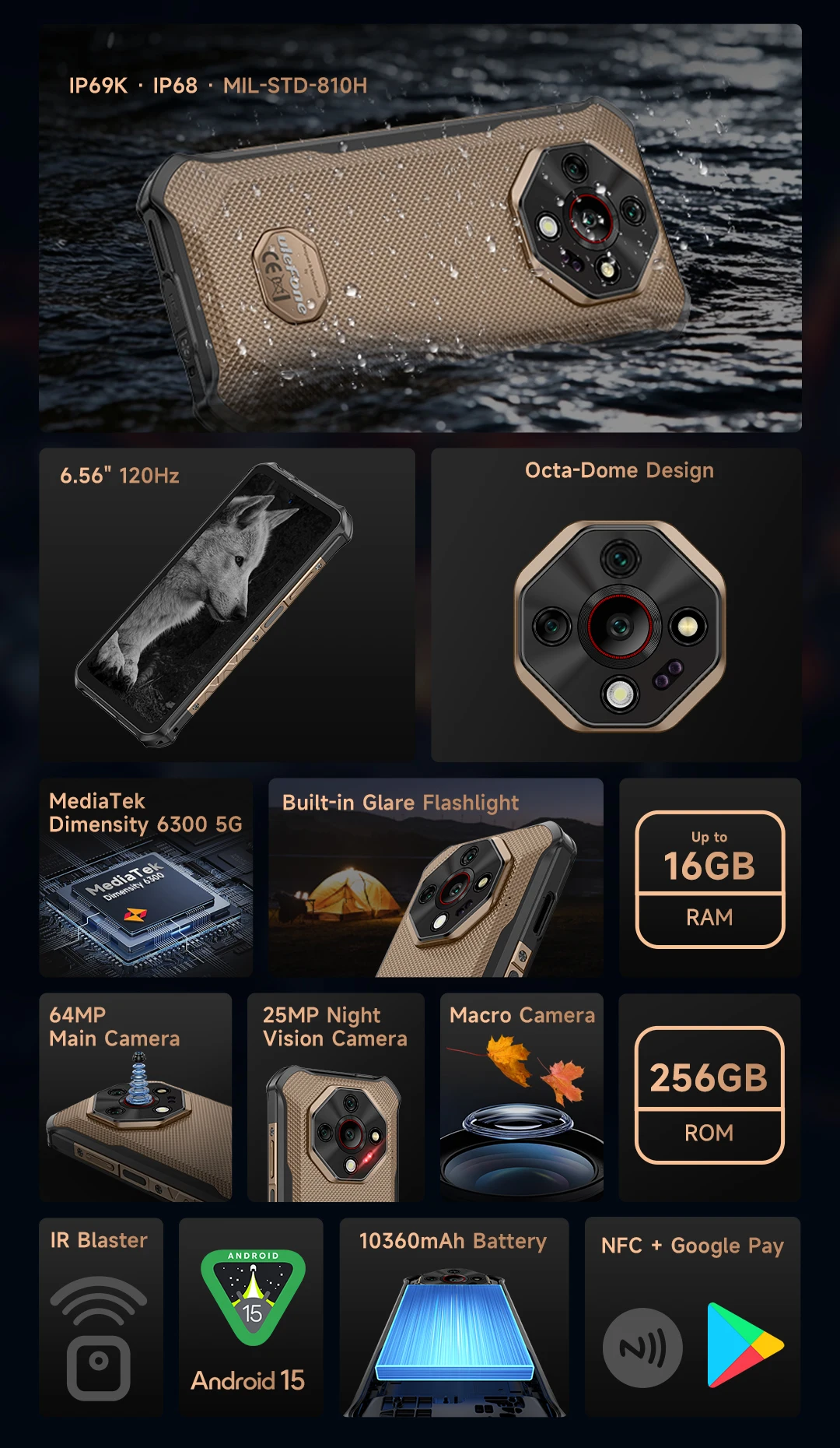 Ulefone Armor X16 Pro 10360mAh Glare Flashlight 5G Rugged Phone Smartphone Android 15 Up to 16GB+256GB 64MP Main Cam 6.56" 120Hz