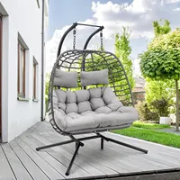 Double Swing Egg Chair With Stand, Large Hand-Woven Wicker Rattan Hanging Egg Chair For 2 People, Porch Hammock Swing Loveseat