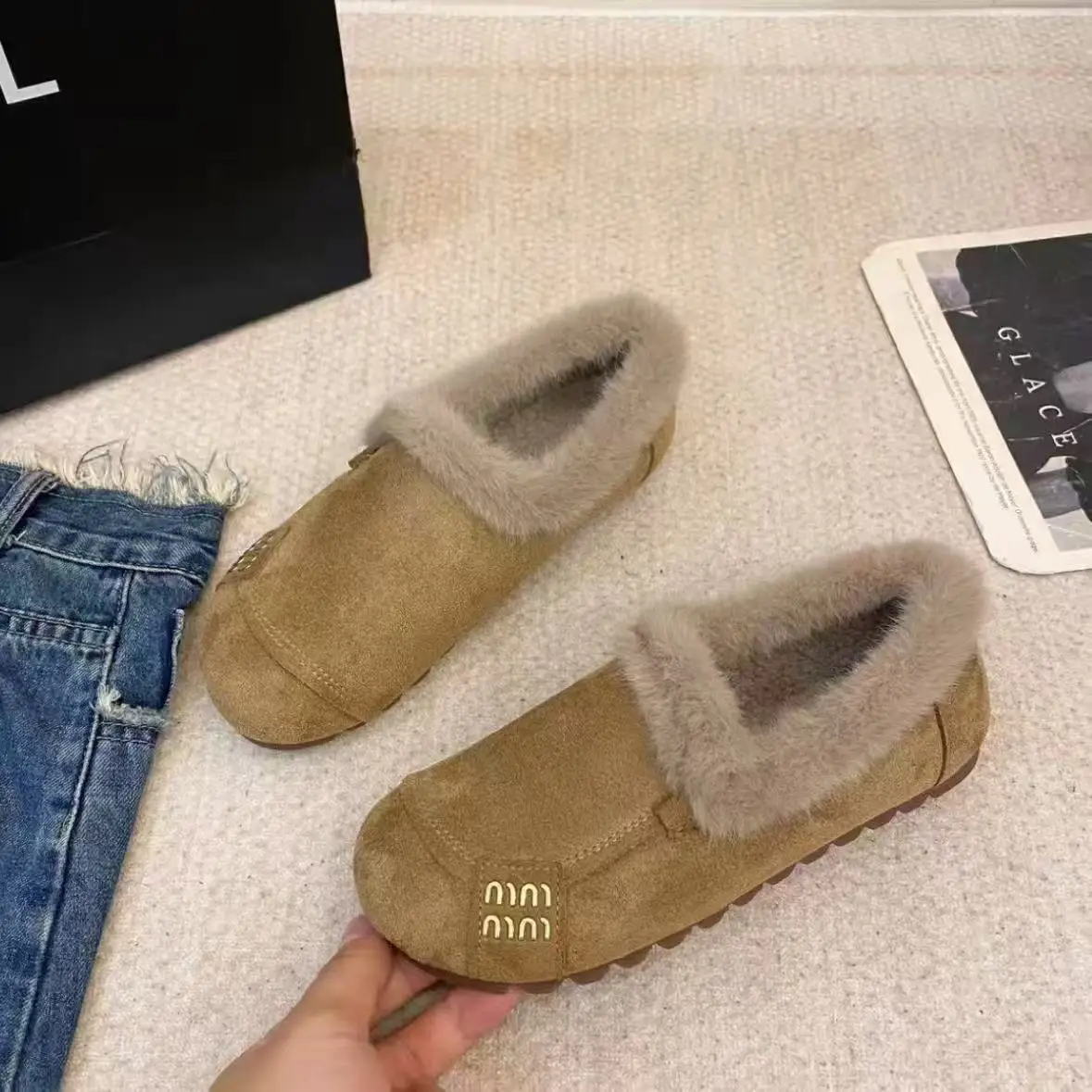 Warm Faux Fur Fluffy Slippers For Women Winter Platform Shoes Soft Plush Thick Sole Cute Bow Girls Suede Leather Retro Buckle