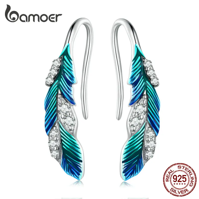 Bamoer 925 Sterling Silver Blue Feathers Earrings Pave Setting CZ for Women Birthday Gift Chic Dazzling Fine Jewelry BSE707