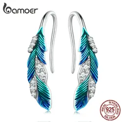 Bamoer 925 Sterling Silver Blue Feathers Earrings Pave Setting CZ for Women Birthday Gift Chic Dazzling Fine Jewelry BSE707