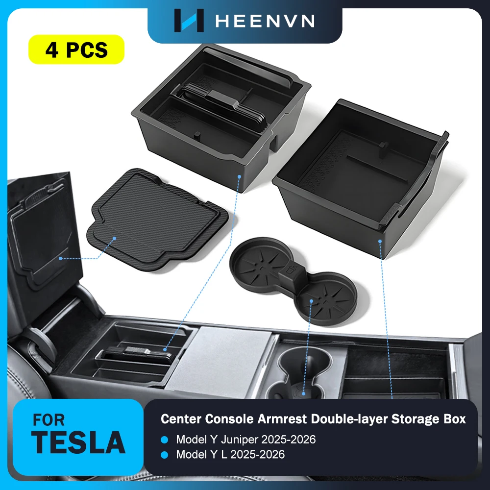 Heenvn Para Tesla Model Y Juniper 2025 2026 Modelo YL Caixa Organizadora de Armazenamento de Camada Dupla para Console Central de Carro com Suporte para Copos