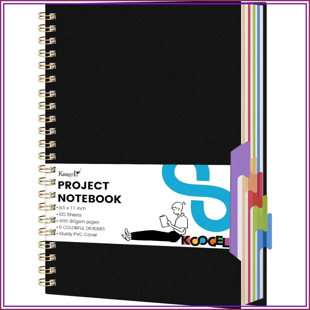 5 Subject Spiral Notebook College Ruled, 200 Pages with Dividers, 8.5x11 Inch Black for Note Taking Office School