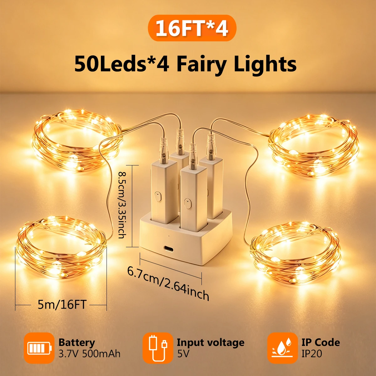 Battery Operated Copper Wire Fairy Lights 16FT 50 LED Rechargeable String Lights with Timer 8 Modes, Indoor Decor for Christmas