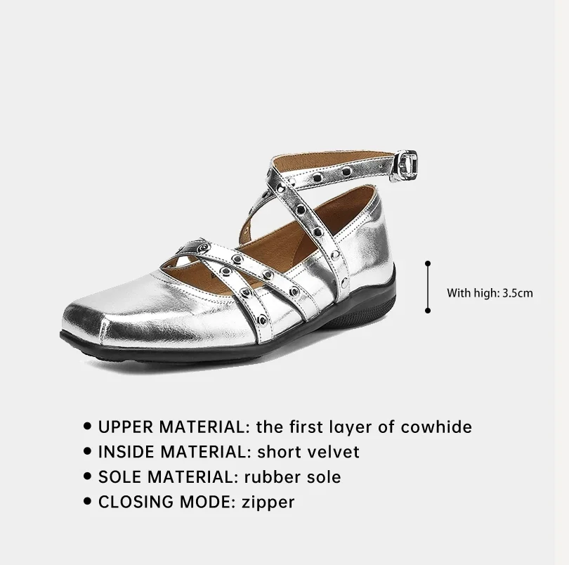 Ods Metal Decor Faux Suede Mary Janes Women Ballet Flats Spring Summer Rivet Ankle Strap Dance Walking Loafers Girls Shoe Silver