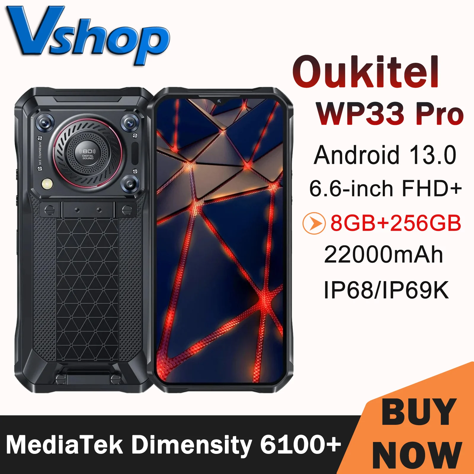 Oukitel WP33 Pro Rugged Smartphone 8GB+256GB IP68/IP69K 22000mAh 6.6