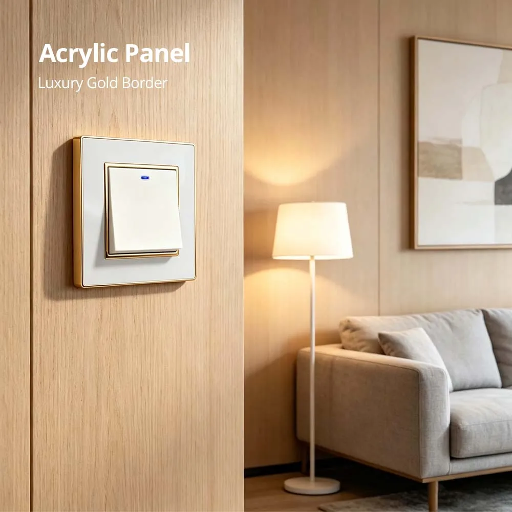 Wallpad White Acrylic Panel With Gold Border 2 Way Wall Light Switch With LED Indicator EU Electric Outlet With USB