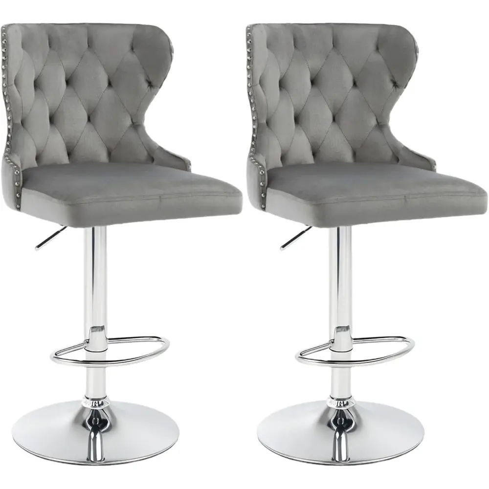 

Pair of 2 Velvet Swivel Bar Stools, Gray Upholstered with Nail Trim, Silver Footrest, High Back, Suitable for Kitchen Island, Ho