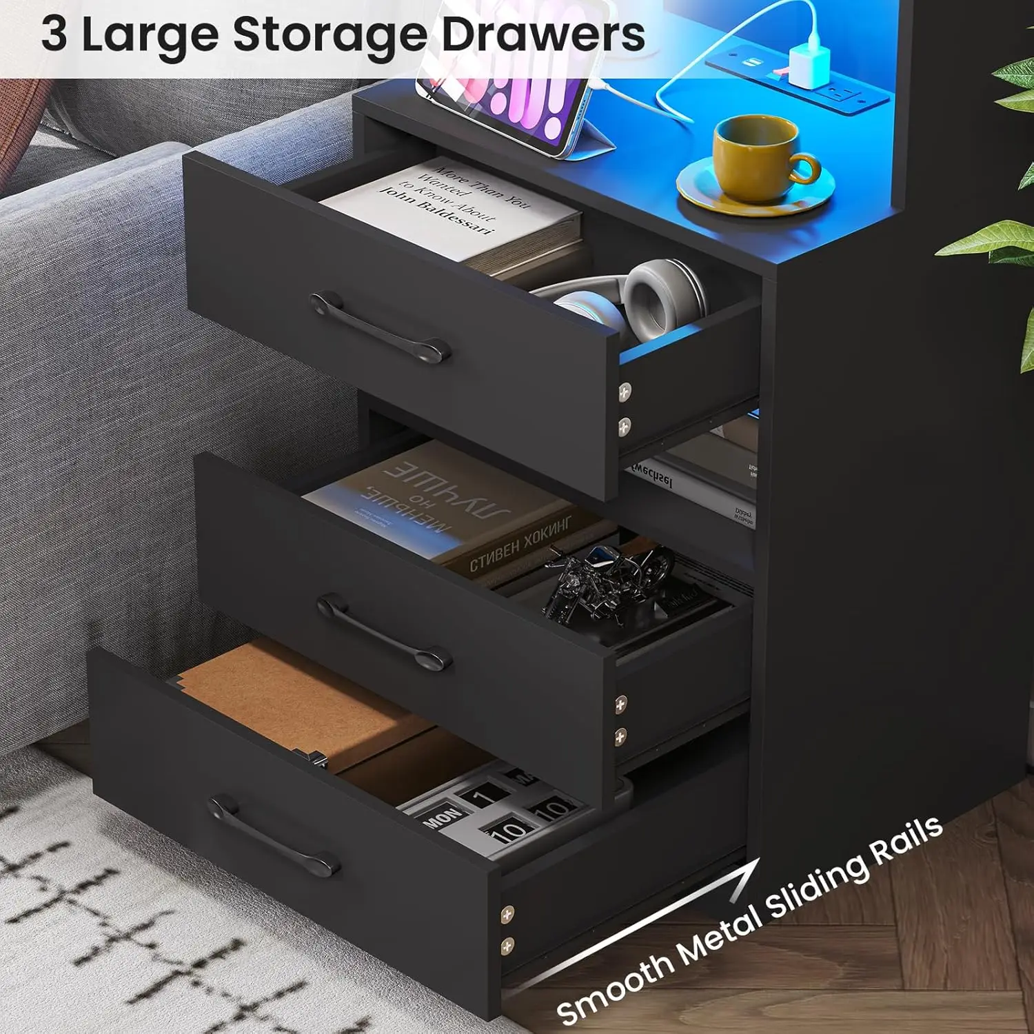 Wysoka szafka nocna VIAGDO z stacją ładującą i oświetleniem LED, duża czarna szafka nocna z półką na książki