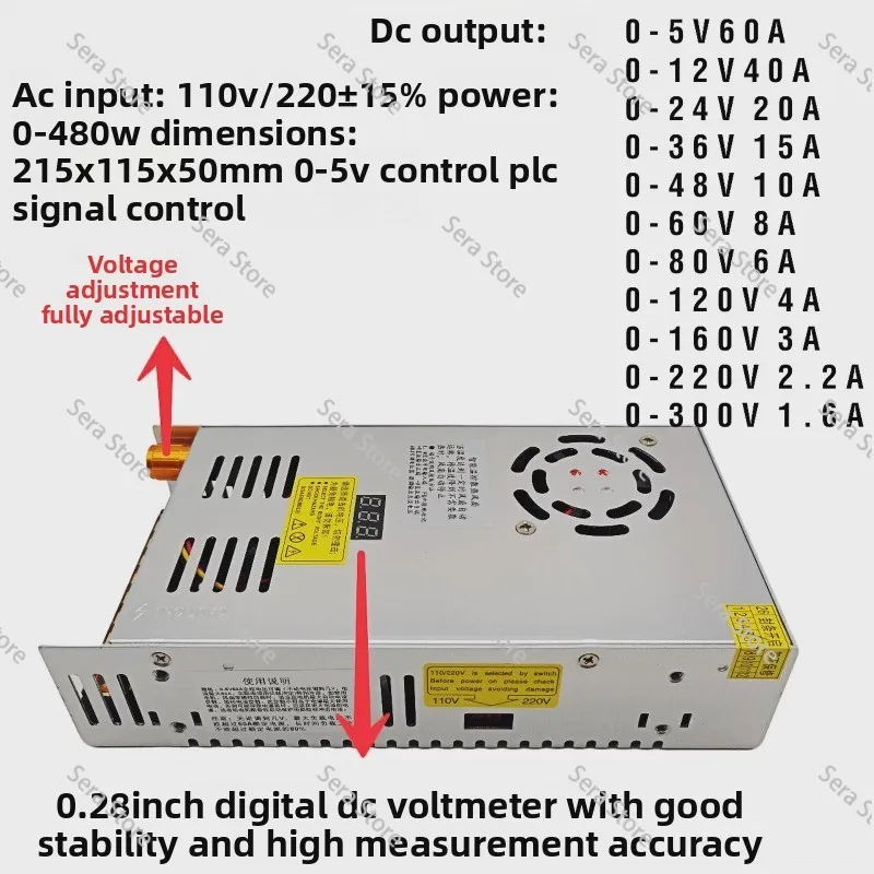 Digital Display 0-48V Adjustable 0-48V 10A 480W DC Regulated Switching Power Supply HJS-480-0-48