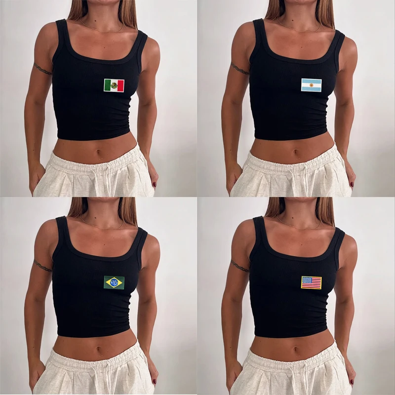 

2025 Y2K Black Street Vest-women's Flag Embroidered Sexy Rib Knit Strapless Summer Fashion Basic Slim Sleeveless Sling