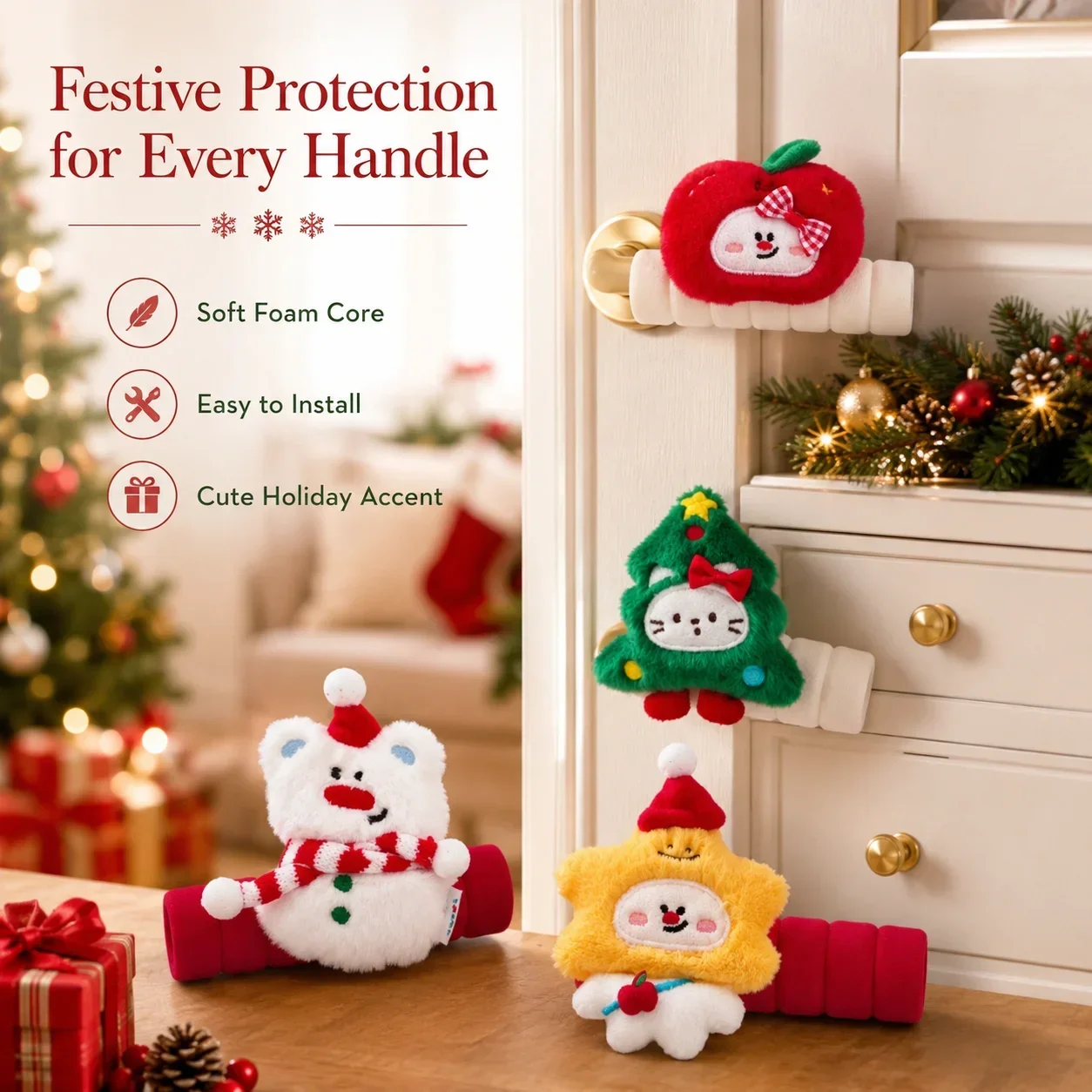 Cute Plush Christmas Doll Door Handle Cover, Anti-Collision Door Bumper Protector, Creative Home Decorative Accessory