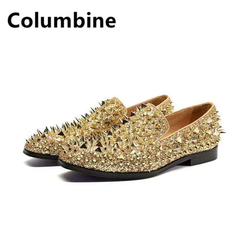 

Gold Bling Bling Spiked Shoes Men Round Toe Rivet Studded Sequined Flat Shoes For Man Slip On Party Shoes Male Gold Sliver Shoes