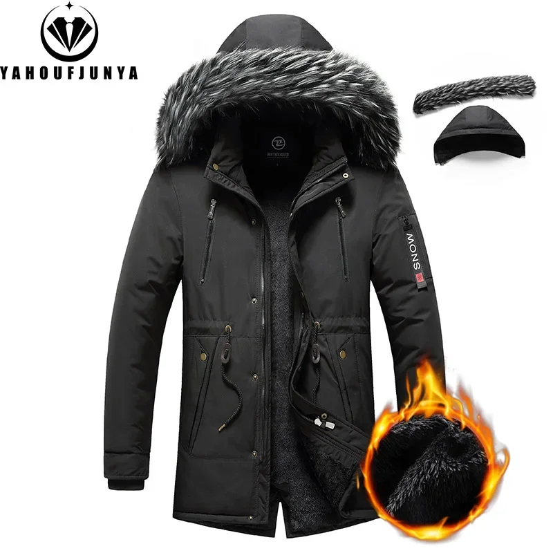 Nowa zimowa męska wiatroszczelna polarowa ciepła odpinana parka z kapturem męska solidny zamek błyskawiczny Outdoor Casual modna kurtka męski płaszcz 6XL