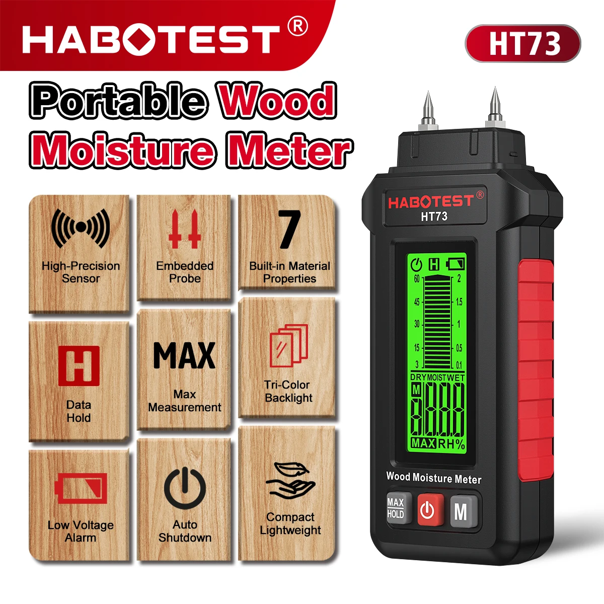 

HAOTEST HT73 Two Pins Digital Wood Moisture Meter 0-99.9% Wood Humidity Tester for Lumber Building Materials Moisture Detector ﻿