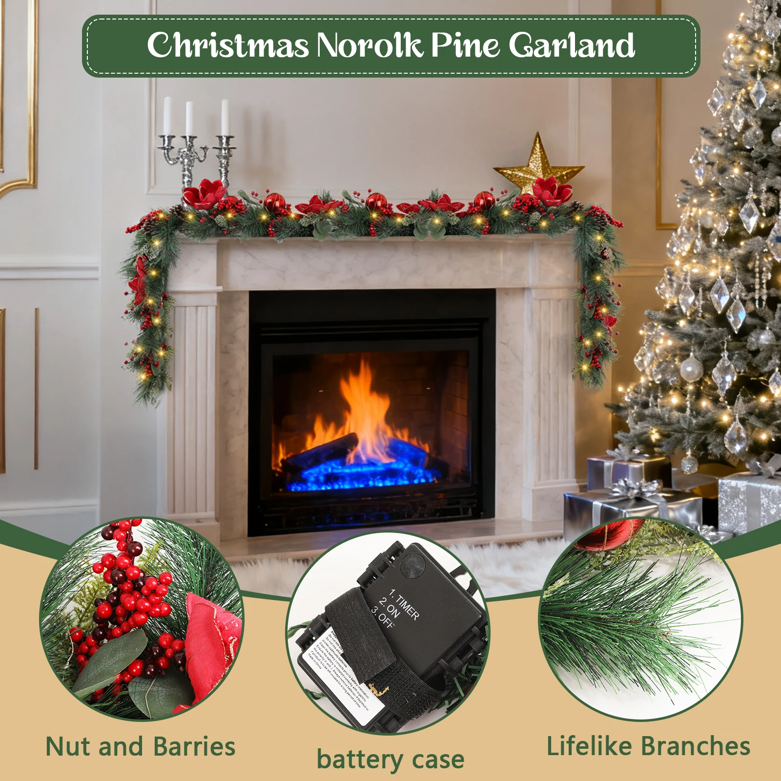 

Battery-Operated 9ft Garland with 100 LEDs for Stairs, Mantle, Door, Indoor & Outdoor