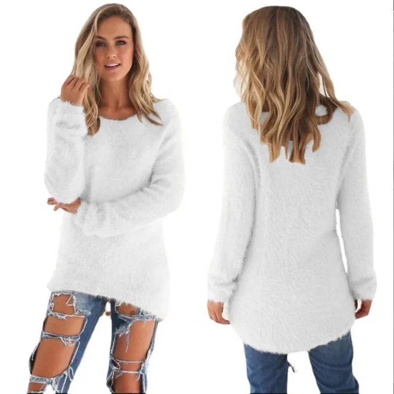 Dames Warme Trui Effen Kleur Ronde Hals Losse Katoenen Gebreide Trui Lange Trui Casual Oversized Blouse Dames Hipster Kleding