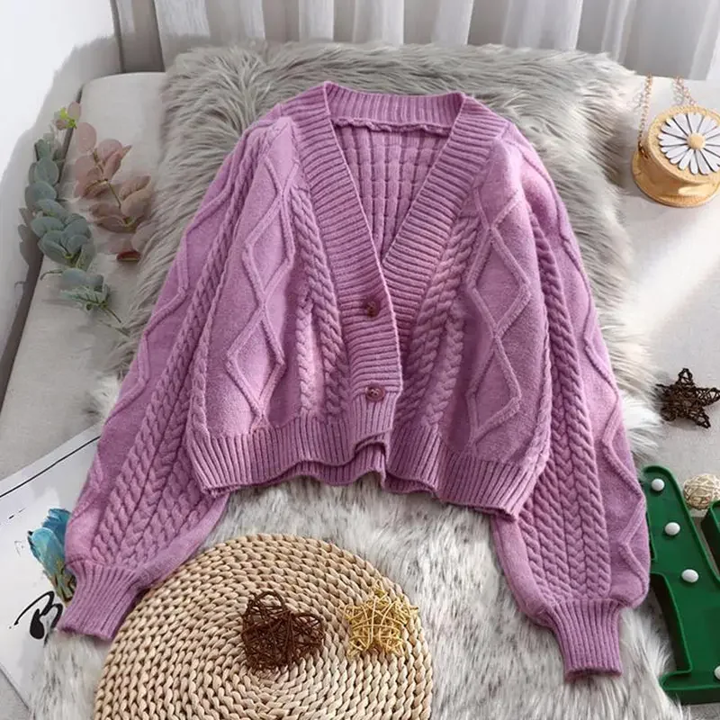 

Повседневный однотонный вязаный однобортный женский кардиган с рукавами-фонариками и v-образным вырезом, свитер, кардиган для женщин, весна 2026