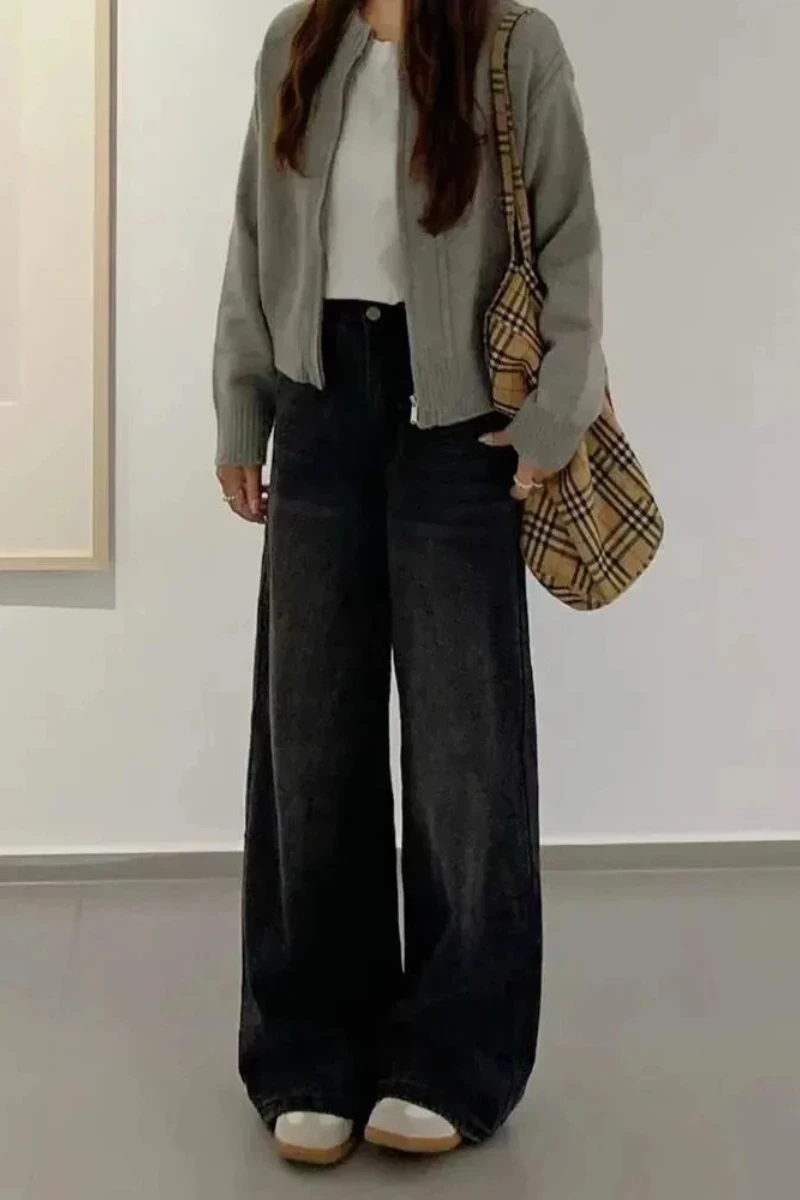 Y2k جينز نسائي جينز أسود مغسول بأرجل واسعة وخصر عالي فضفاض مناسب للشتاء وصل حديثًا بنطلون تنحيف ثنى مستقيم طويل