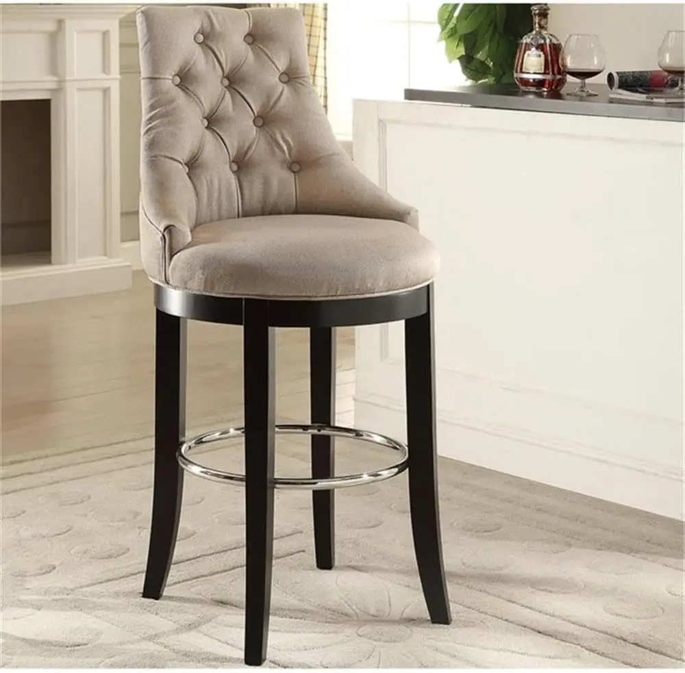 Wholesale Interiors Harmony Button-Tufted Fabric Upholstered Bar Stool With Metal Footrest, Beige