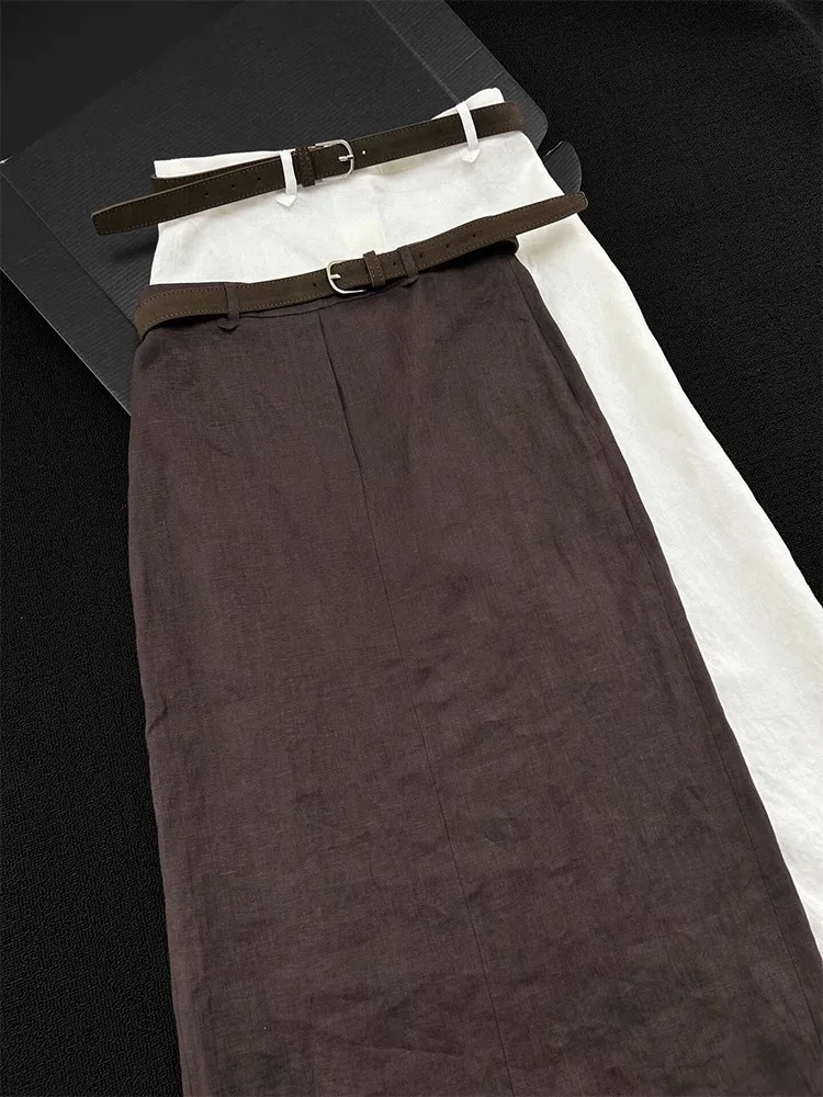 Sukienka lniana w kształcie litery A, spódnica damska, letni trend, wysoki stan, stylizacja do pracy, unikalny design, spódnice o długości do kolan.