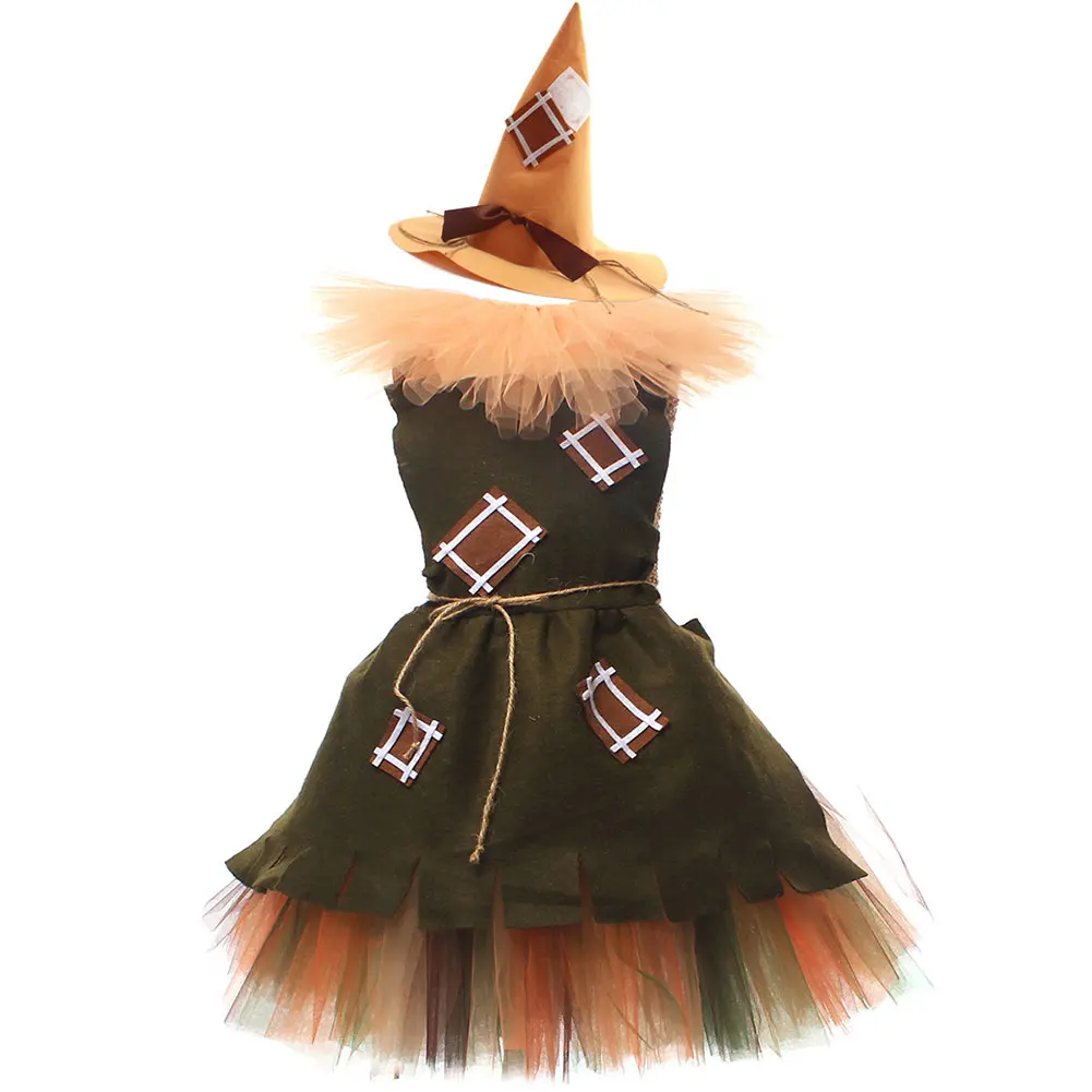 Scarecrow Cosplay Kids Tutu Dress Hat Costume Movie The Wonderful Wizard Outfits Little Girls Dance Clothing Halloween Suits