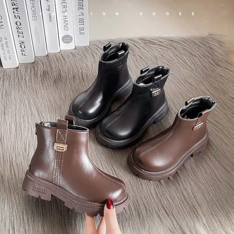 New Children's Boot Simple Classic Girls Ankle Boots Winter Black Brown Versatile Kids Fashion School Cotton Boots Warm Plush