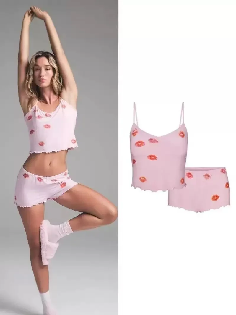 kim rose Valentine's Day pink lip print suspender shorts set