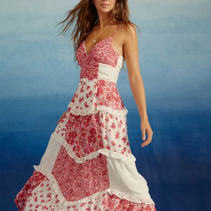 Vestido maxi boho floral Y2K – vestido feminino de alça espaguete com decote em V e babados em camadas para praia e férias de verão