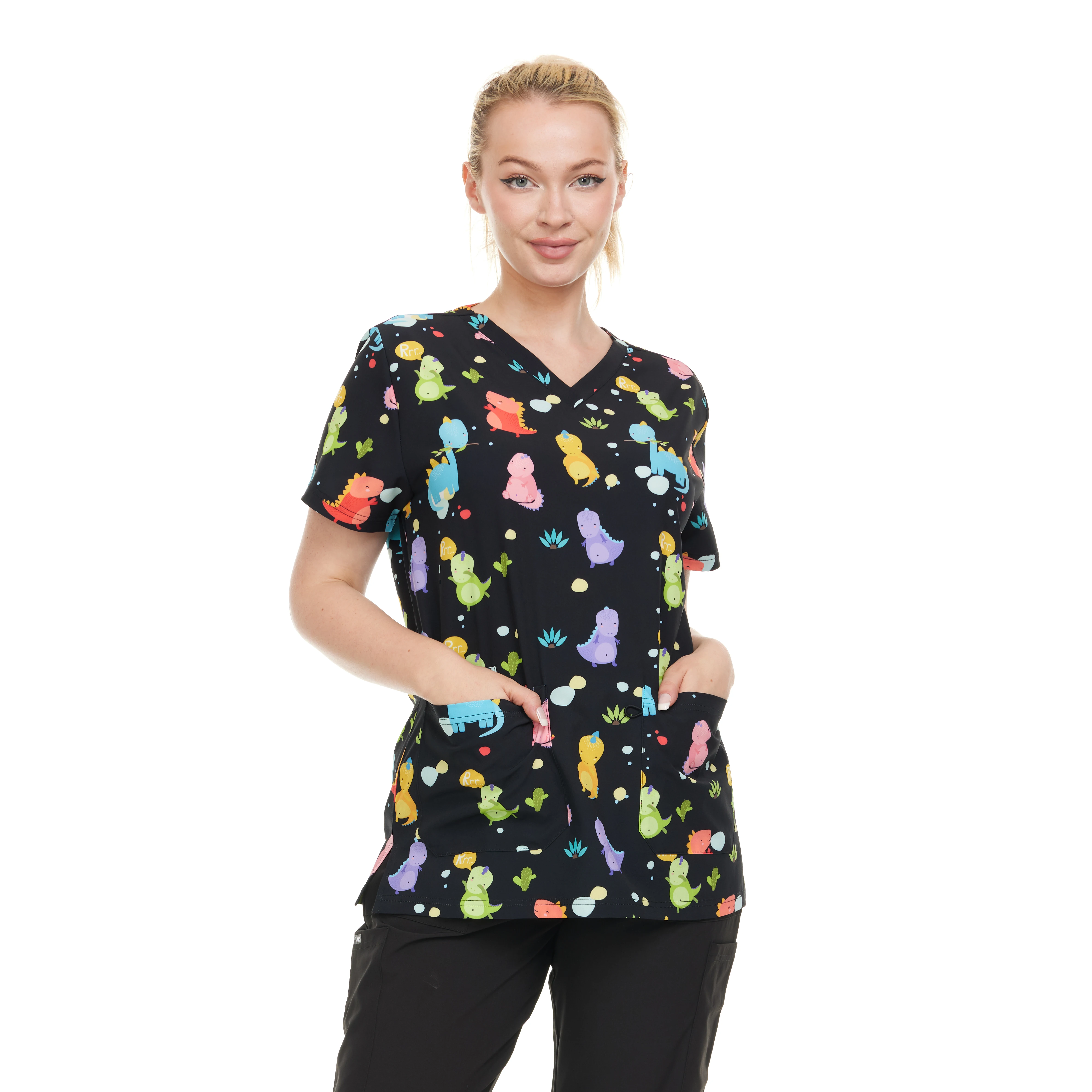 HEAL+WEAR Women's Scrub Top V-Neck Dino Print Multiple Convenient Pockets. 4-Way Stretch Spandex. Wrinkle-Resistant.