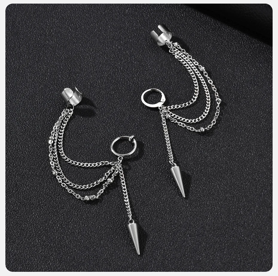 Vnox Edelstahl Mehrschichtige Ketten-Ohrklemme Creolen für Herren Punk Kegel-Spike Hängeohrringe Knorpel-Clip Schmuck Geschenk – Detail 5