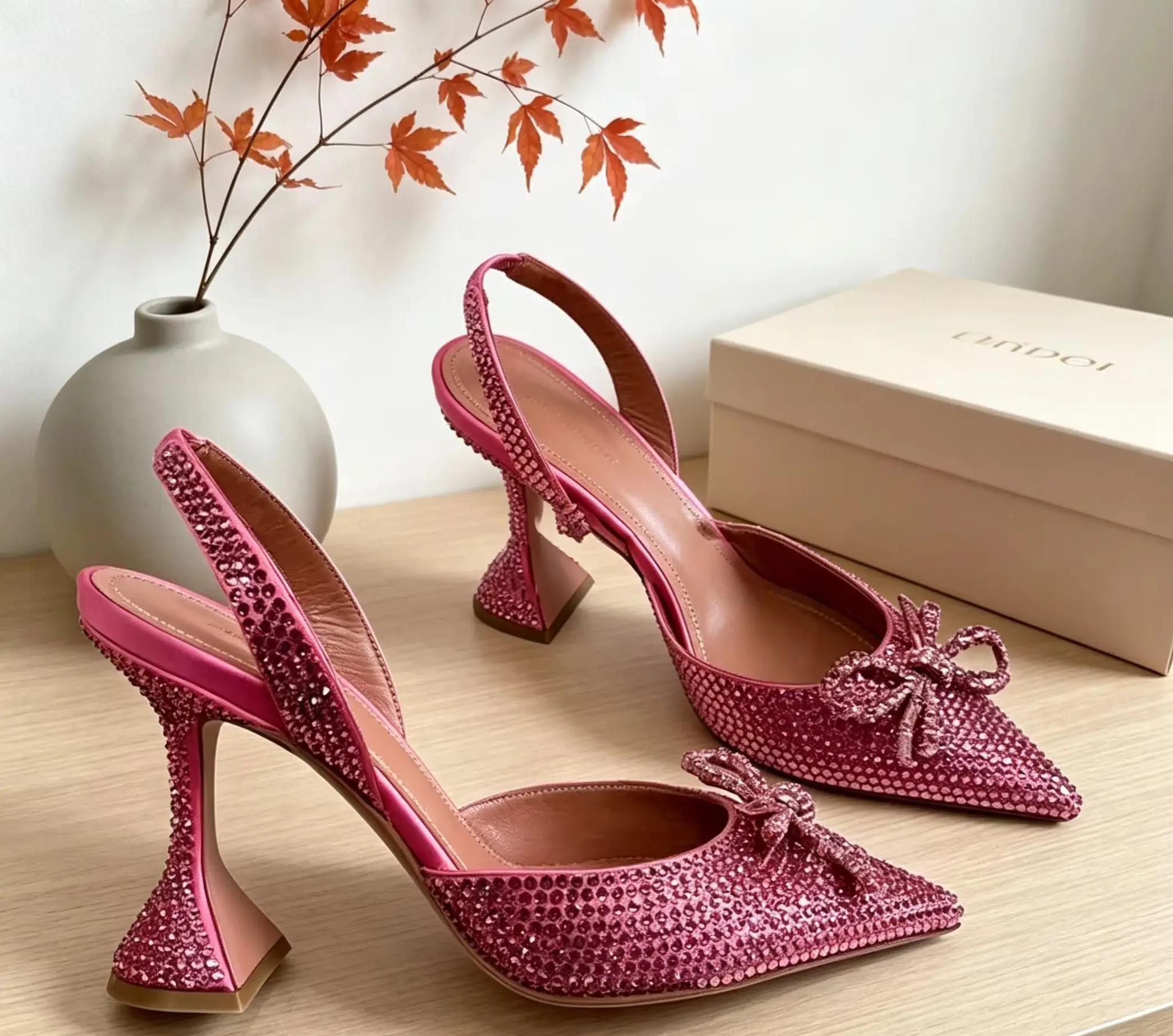 Rhinestone Butterfly knot Women Flared High Thin Heel Pumps Slingback Pointed Slingback Summer Party Satin Wedding Fashion Shoes