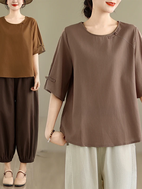 Baumwolle Leinen Set Frauen Sommer Ethnische Sle Lose Top Leinen Mama Outfit Zwei Stücke Set Faionable Casual runde Ne Top