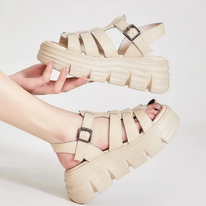 Women Sandals Summer Shoes Genuine Leather Roman Style Concise Open Toe Buckle Strap Wedges Platform Sandals Lady