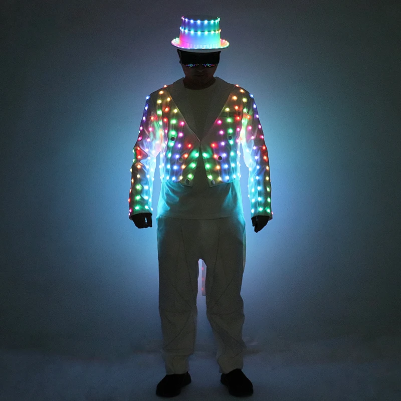 Full Color LED Tuxedo Magician Party Host Luminous Costumes Vest Stage Dance Light Clothing Glowing Fashion Swallowtail Clothes