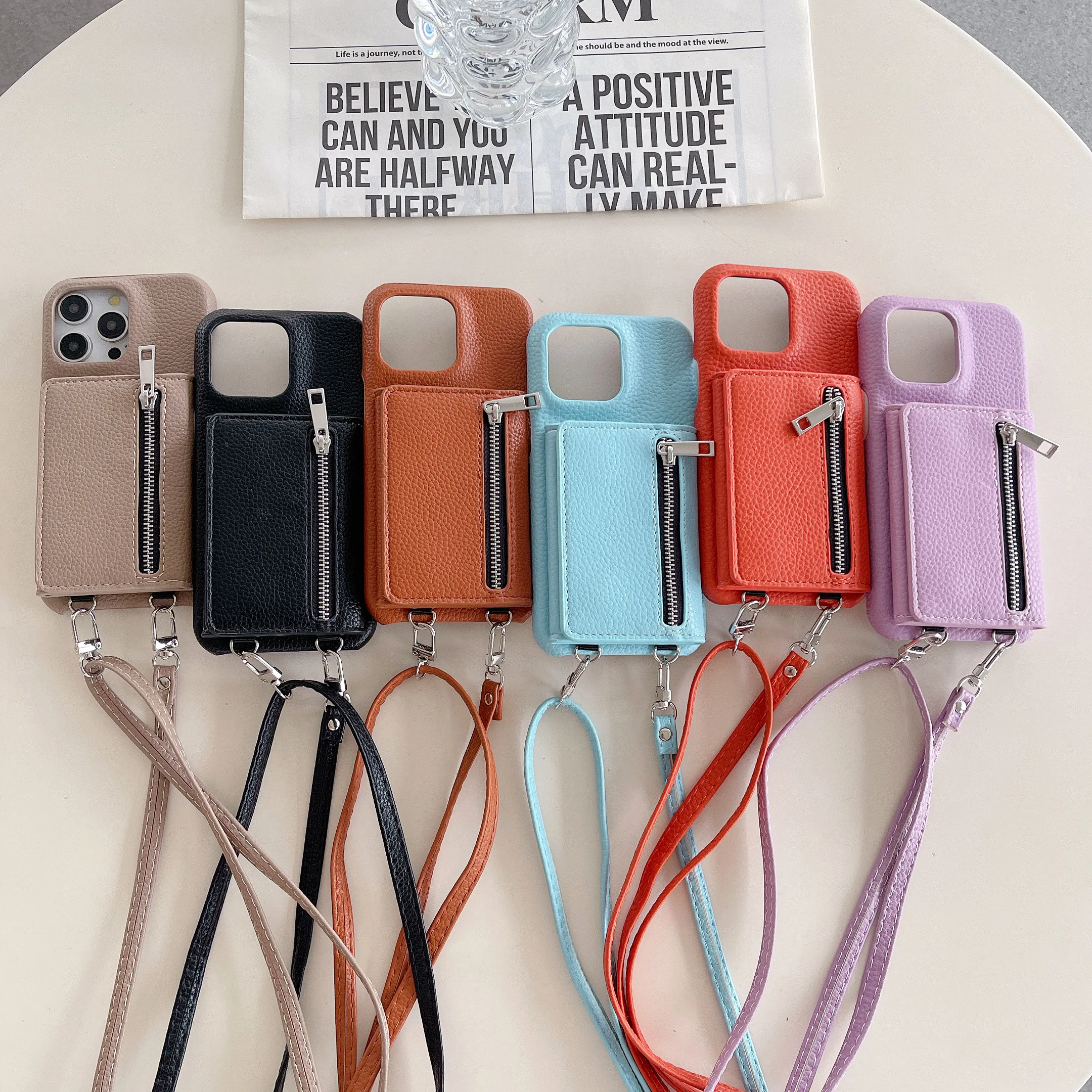

Crossbody Strap Litchi Leather Zipper Card Holder Wallet Case For iPhone 16 Pro Max 15 14 13 12 11, Kickstand Phone Cover Funda