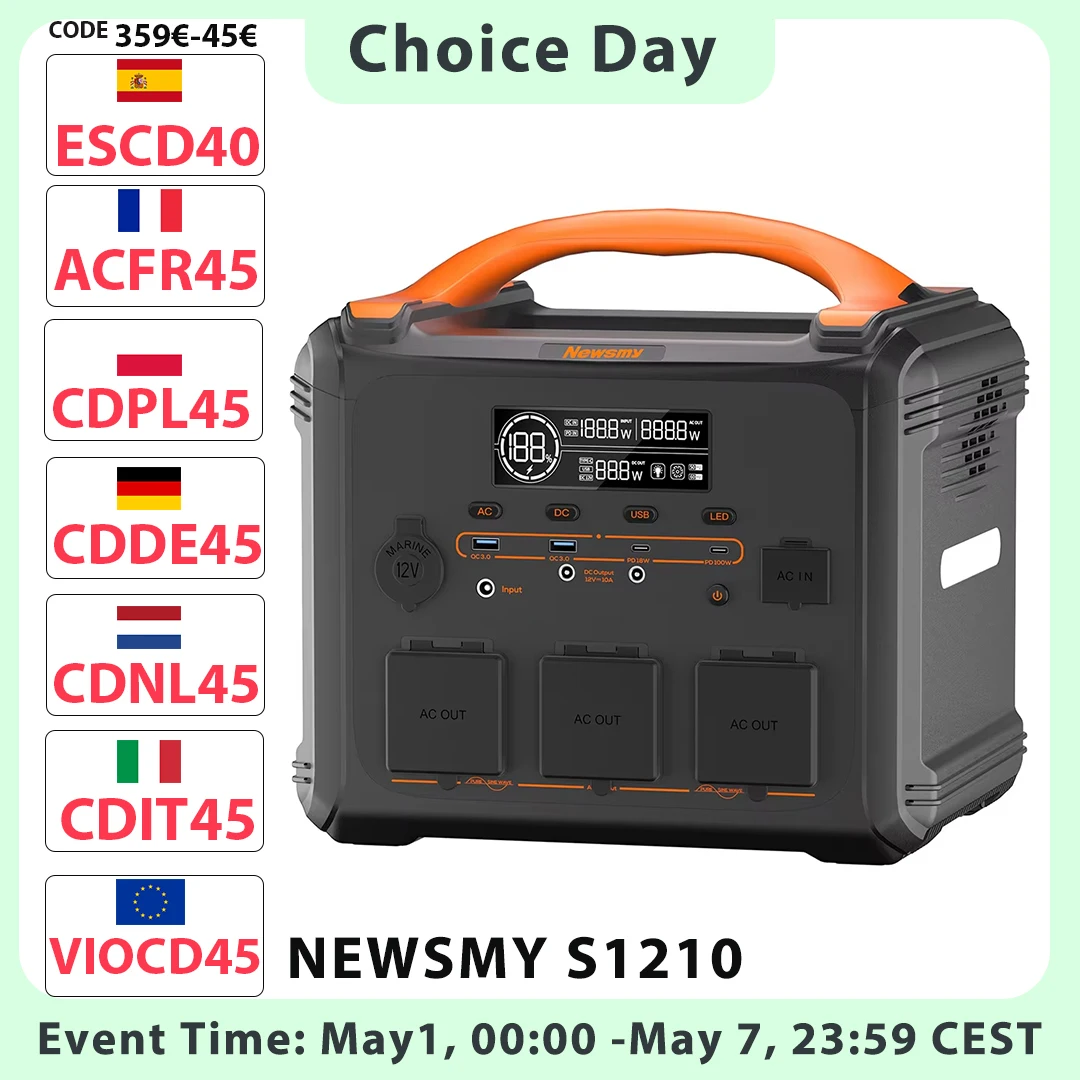 Station d'alimentation portable NEWSMY S1210 2000W, 3000W de pointe, batterie LiMnFePO₄ 1102,5Wh, charge rapide AC 1300W, générateur solaire MPPT