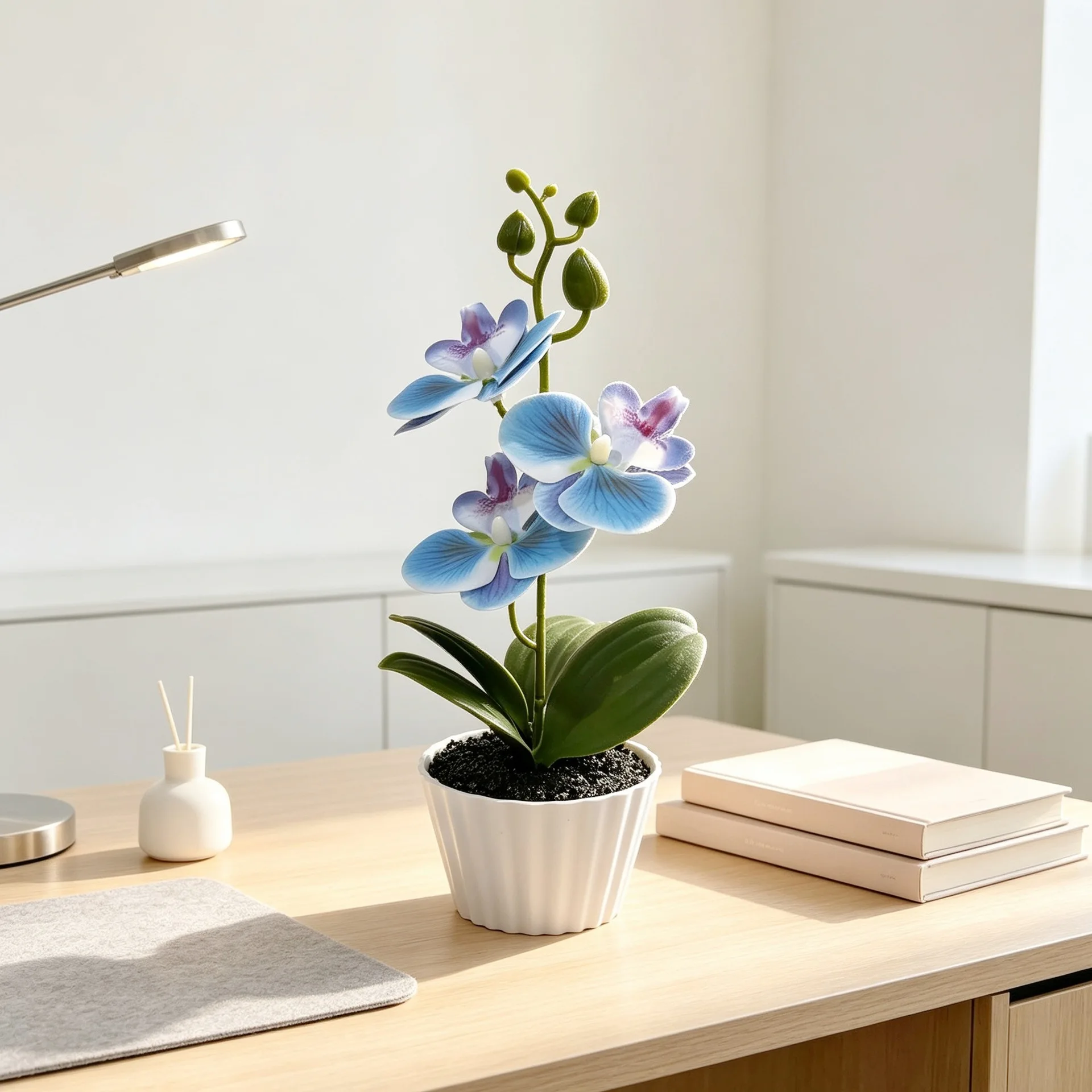 Artificial Phalaenopsis Orchid Fake Plant In Black Sand Pot Soft Rubber Bonsai For Home Office Tabletop Decoration Floral Decor