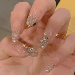 24 Pcs Short Coffin Press On Nails Pink White False Nails with Rhinestone Reusable Fake Nails With Jelly Tab