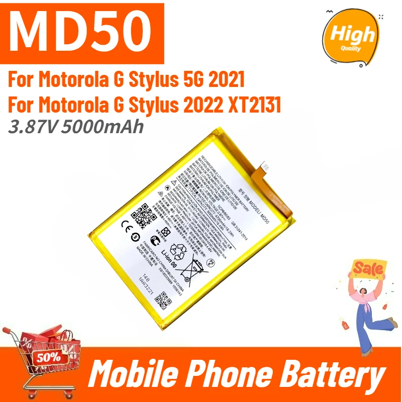 

High Quality MD50 Mobile Phone Battery 3.87V 5000mAh For Motorola G Stylus 5G 2021 For Motorola G Stylus 2022 XT2131 Brand New