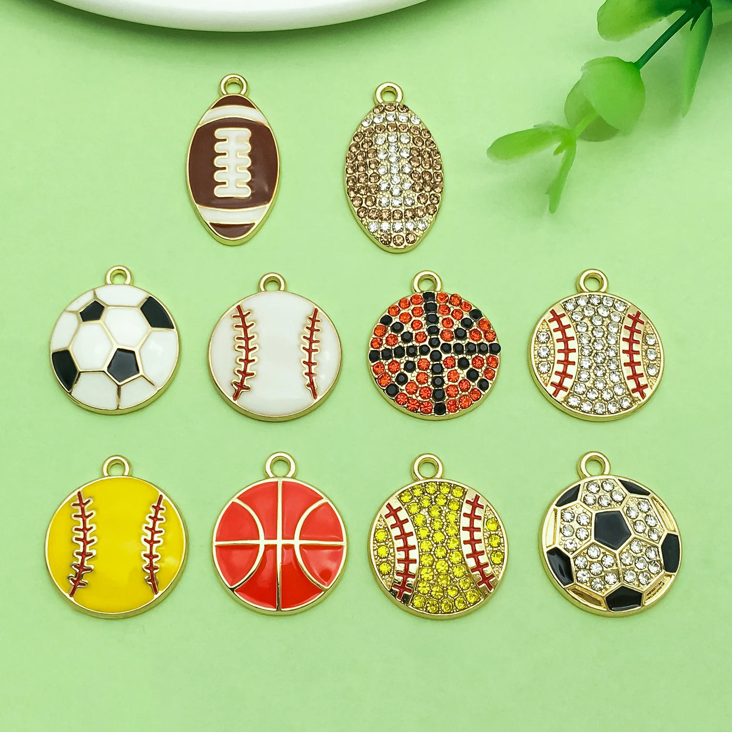 10pcs Enamel Sports Charms Alloy Basketball, Rugby, Football Pendants for DIY Bracelet Necklace Earring Jewelry Making Accessory