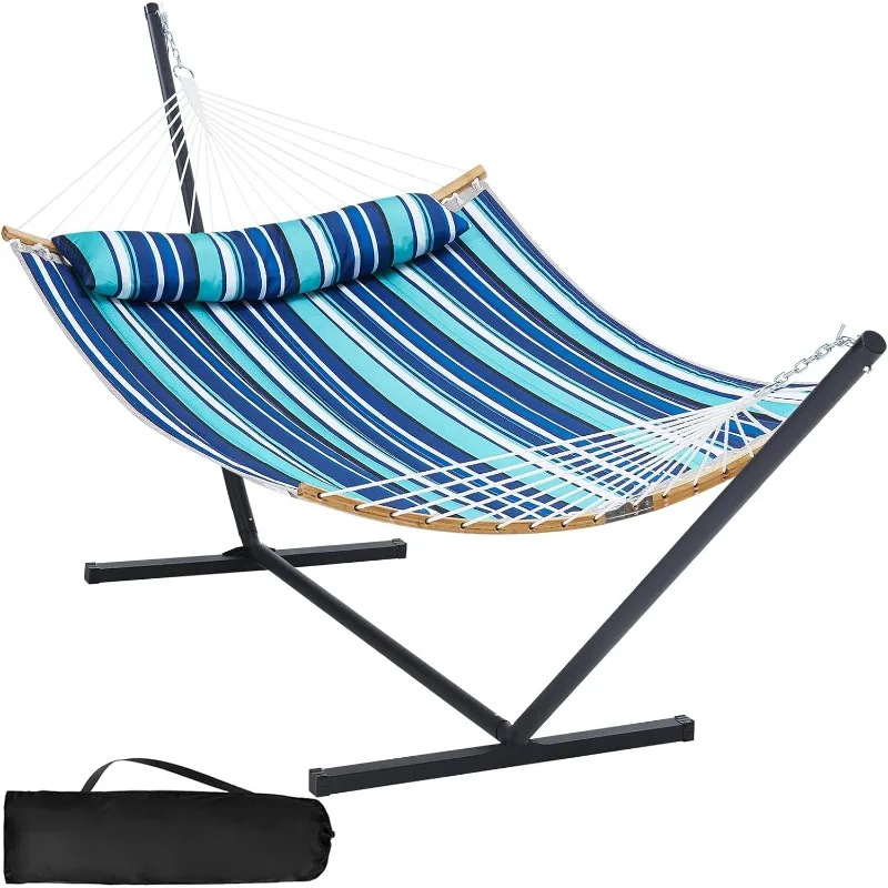 

Hammock with Stand, 2 Person Heavy Duty Hammock with Padded Cotton,Detachable Pillow, Strong Curved-Bar, Portable Storage Bag