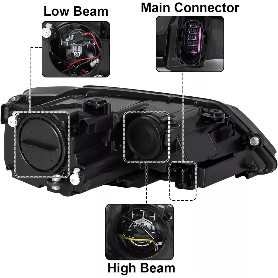 مجموعة المصابيح الأمامية المتوافقة مع 2011-2018 VW Jetta MK6 عدسة شفافة غطاء أسود عاكس واضح مجموعة المصابيح الأمامية الهالوجين، 1x