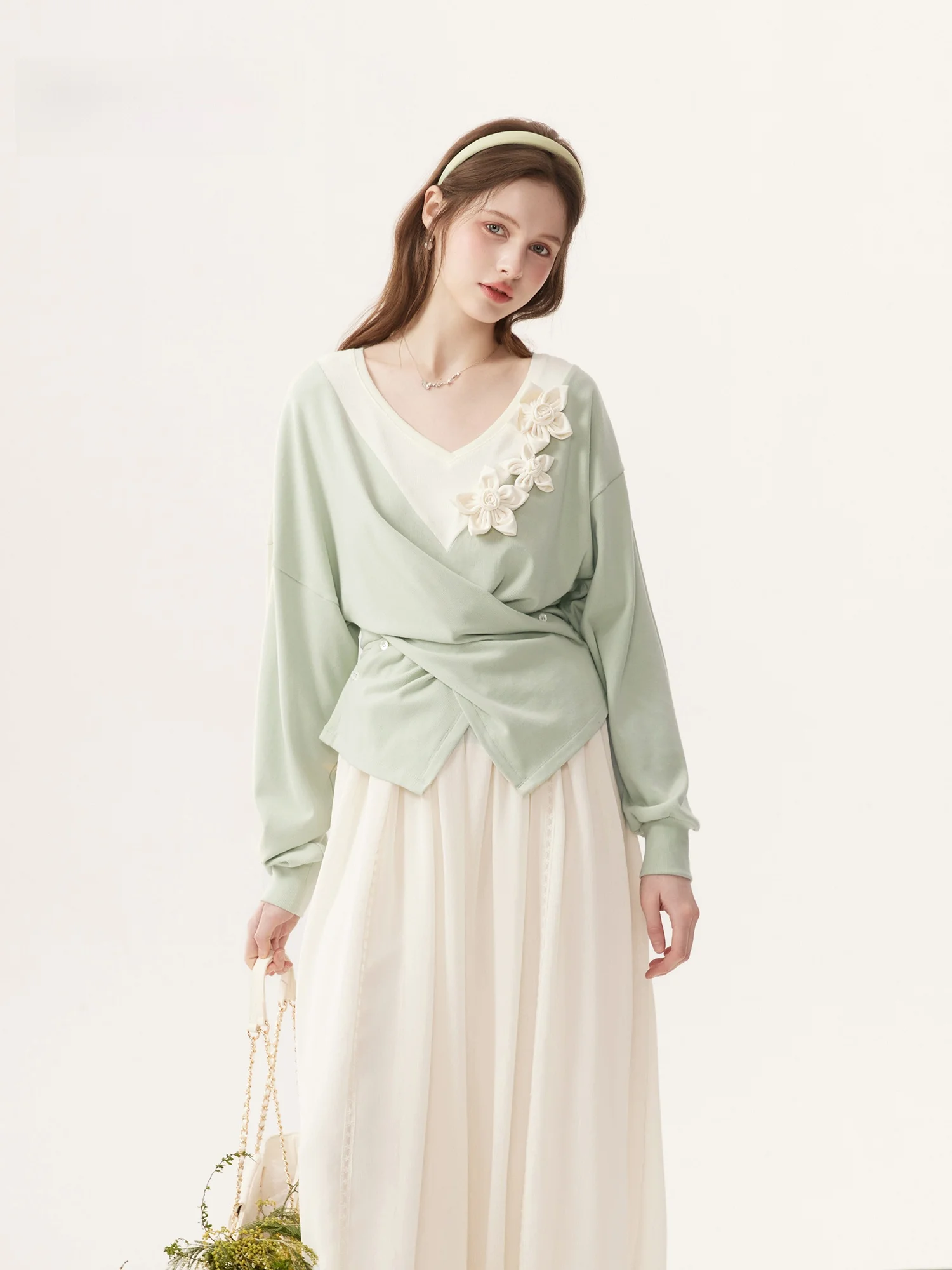 

Cindral Sli Long Sve T-irt Women's Patchwork 3D Flower Knitted Top Slimming Design Commute Simple Sle Fiber Blend