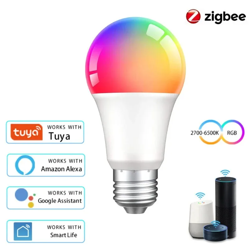 Tuya bohlam lampu Led WiFi cerdas 15W, lampu LED RGBCW, lampu bisa diredupkan, bekerja dengan Alexa, Google Home, Alice, lampu kontrol suara