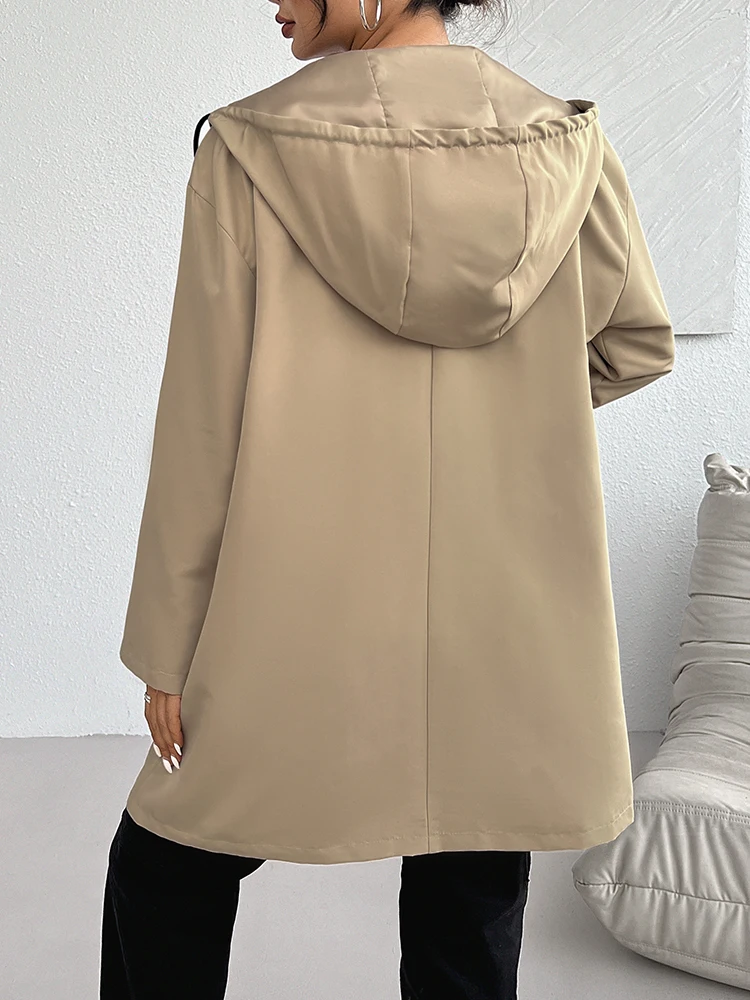 2024 Autumn Winter Mid Long Trend Coat Casual New One Peice Women Trench Coat Front Zipper With Pockets And Hat Outdoor Coat