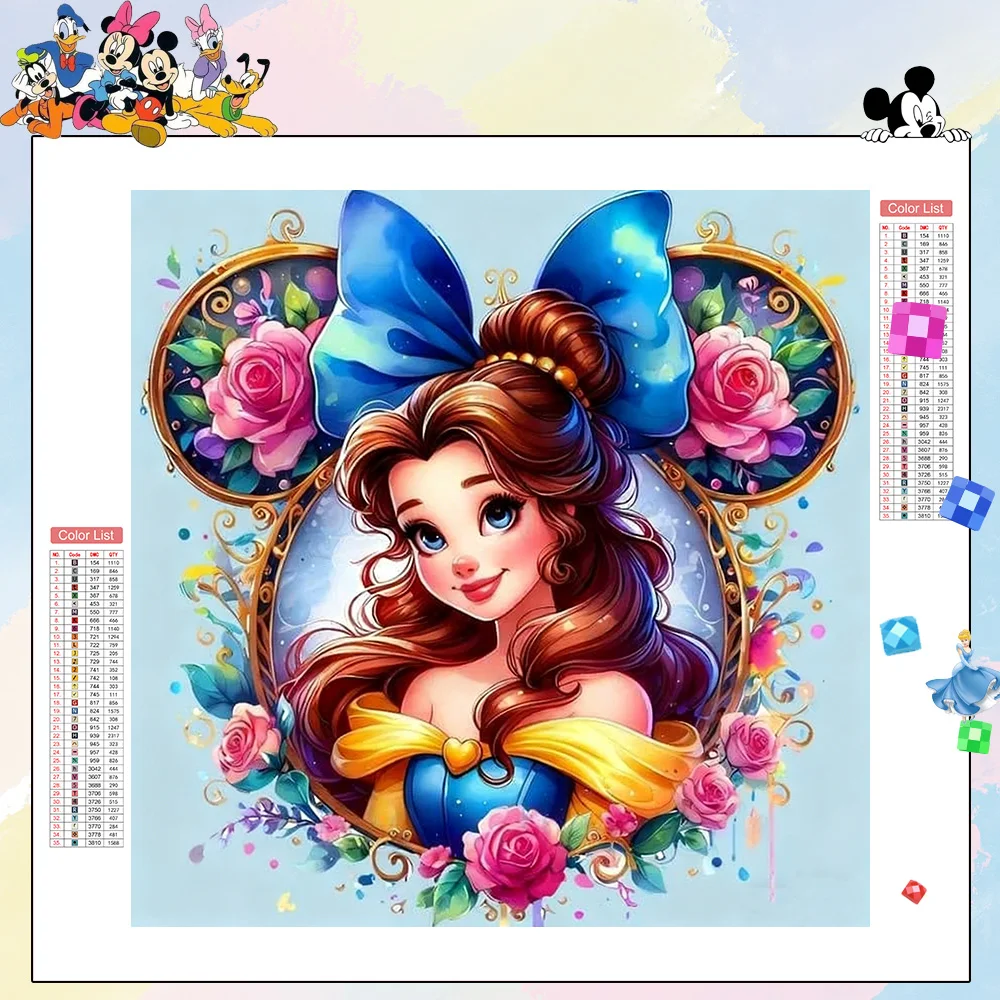 Kit de pintura de diamantes de Disney, princesa Bella, Mickey Mouse, mosaico de diamantes, La Bella y La Bestia, flor rosa, decoración de pared completa